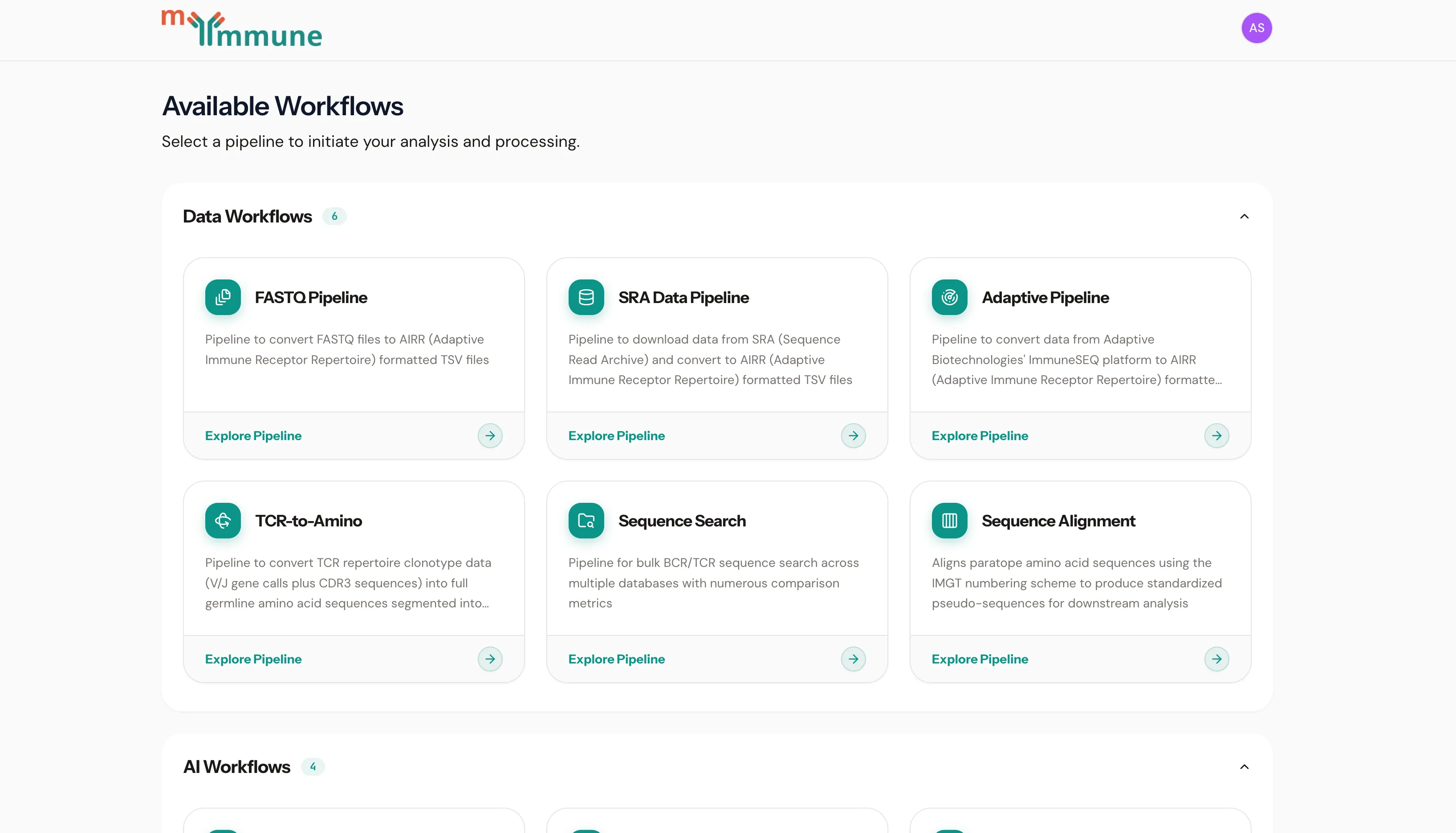 MyImmune dashboard showing Available Workflows with Data and AI Workflow sections