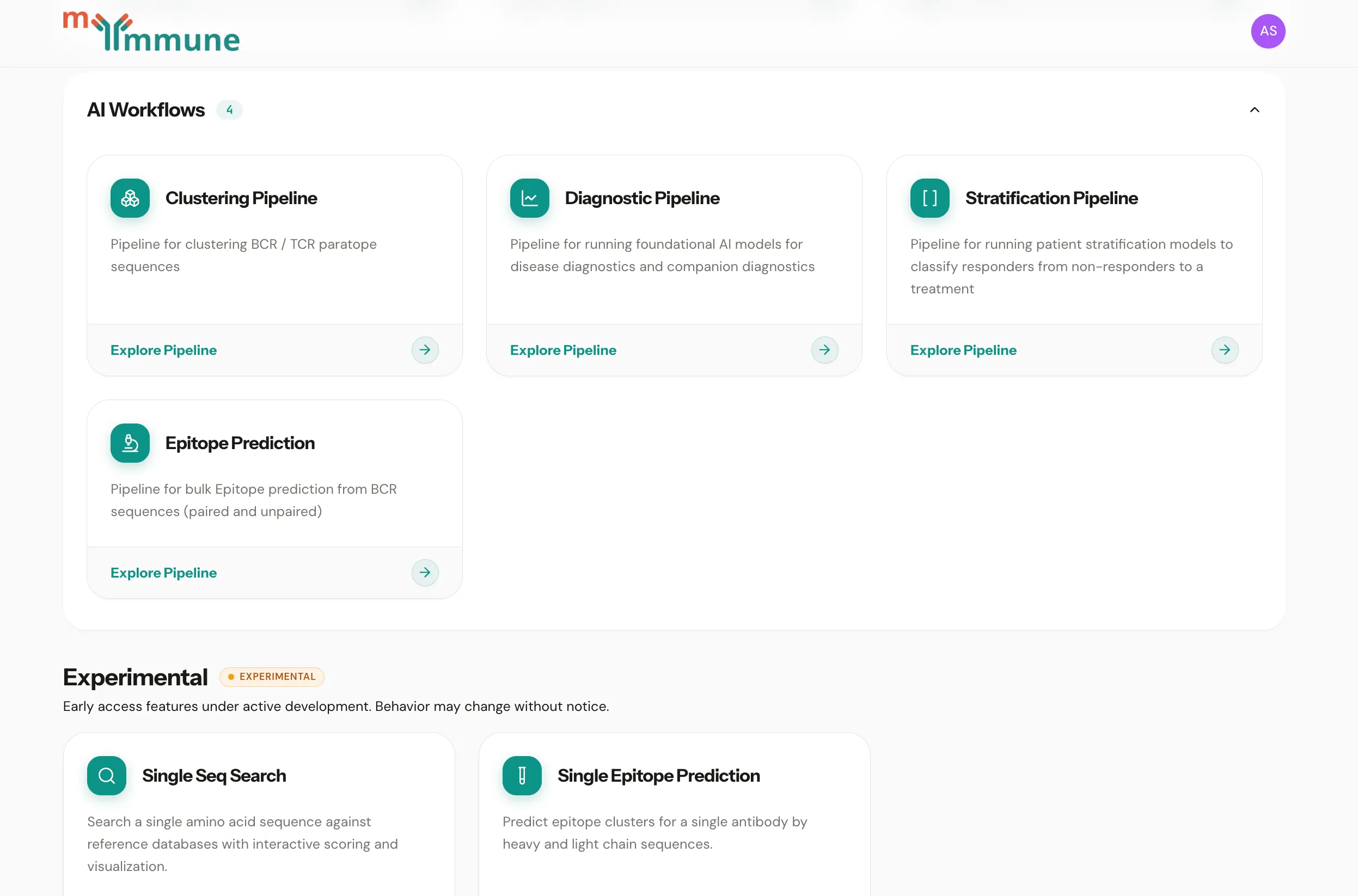 MyImmune dashboard showing AI Workflows section with Clustering, Diagnostic, Stratification, and Epitope Prediction pipelines