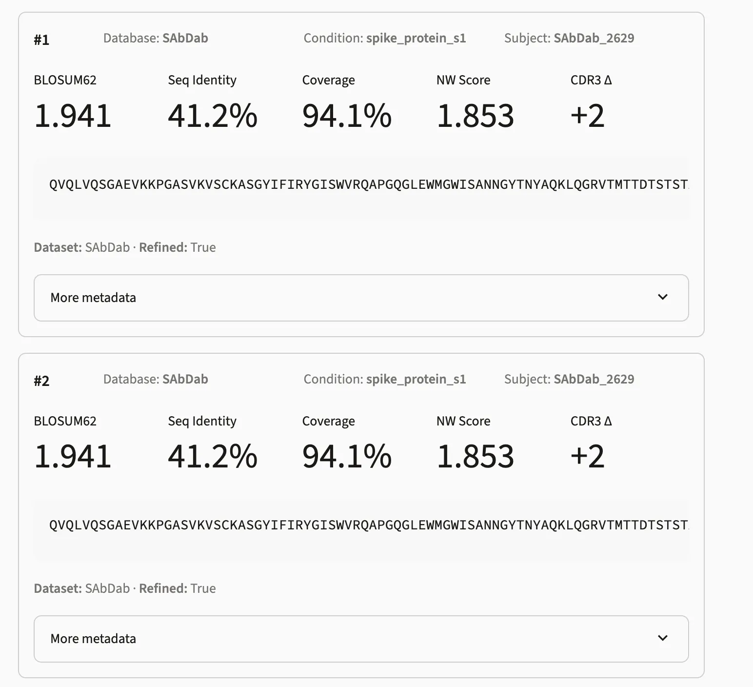 Single Sequence Search results